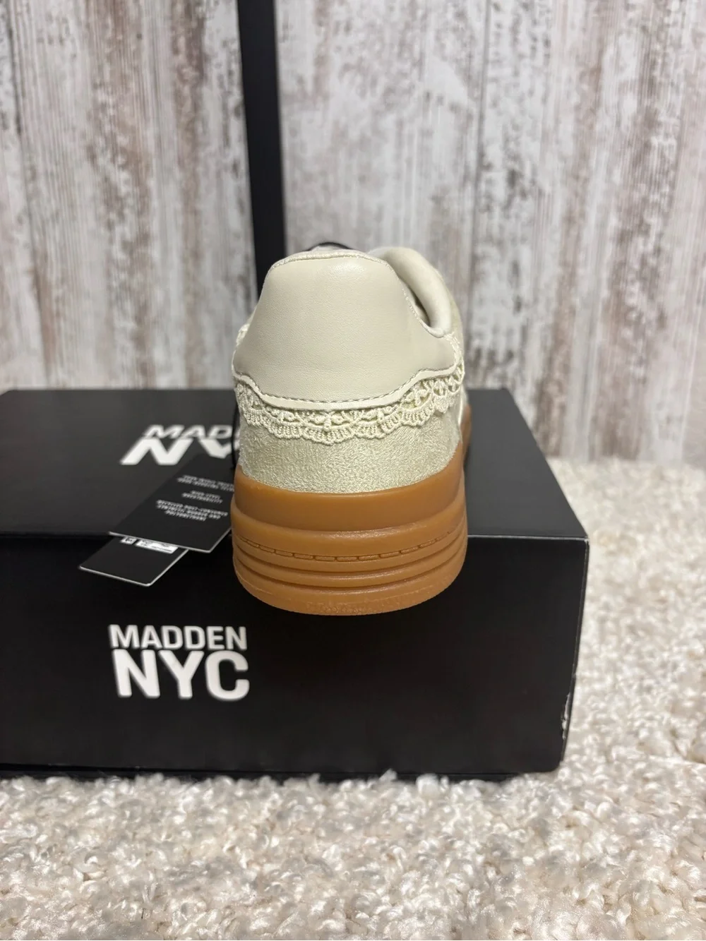 Madden NYC Women’s Cream Lace-Trim Sneaker with Gum Sole